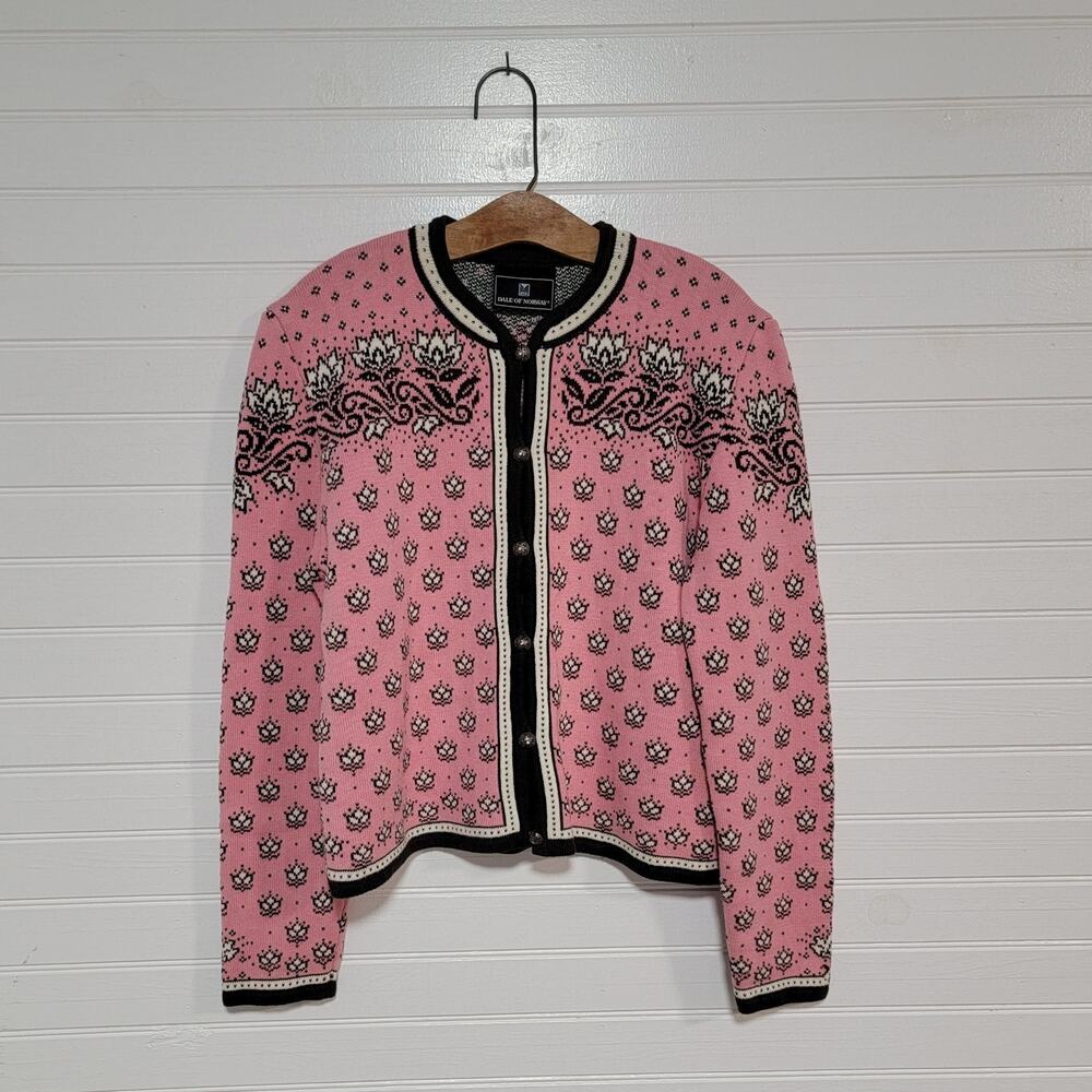 Dale of Norway Cardigan Sweater Size Medium Cotton Pink Preppy Coquette Floral